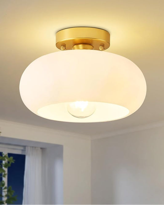 Yunnix Semi Flush Mount Ceiling Light, Gold Light Fixture, Mid-Century Modern Farmhouse Milk Glass Small Light Fixtures for Hallway, Bathroom, Kitchen, Bedroom, Living Room, Closet, Laundry(11 Inch)