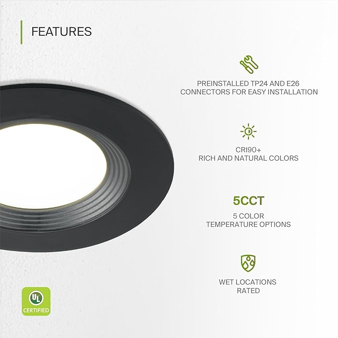ASD Black Retrofit LED Recessed Lighting 6 Inch - 12W 2700K-5000K 1009LM Can Lights for Ceiling 6 Inch, Dimmable Black Recessed Lights, Baffle Trim Wet Rated Wafer Lights, UL