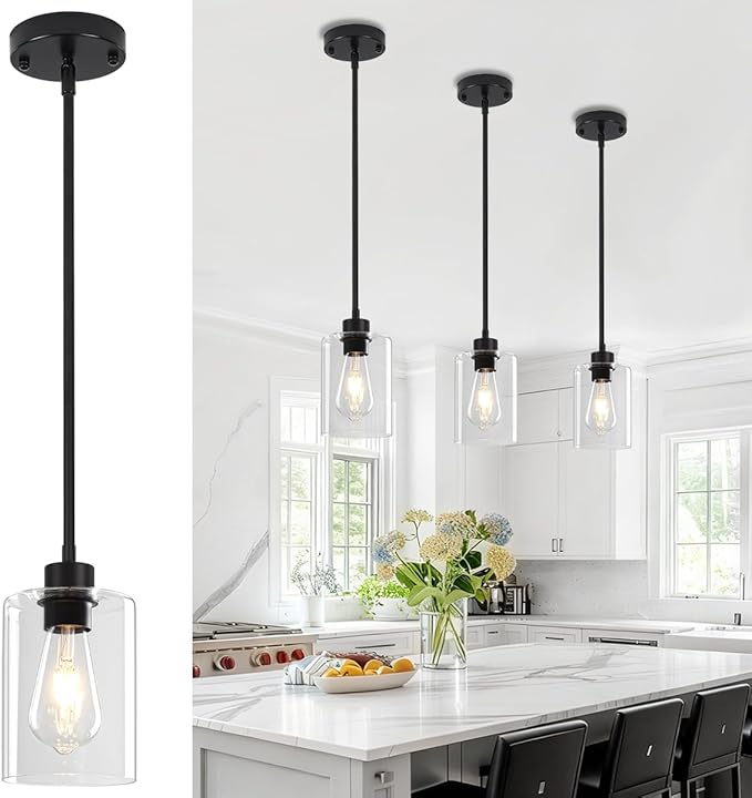 3 Pack Black Pendant Lights Kitchen Island, Modern Glass Pendant Lighting Over Island Kitchen Hanging Dining Room Light Fixtures Adjustable Pendant Lights for Bathroom Hallway Entryway Bedroom