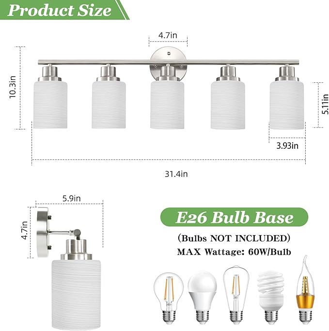 5-Light Brushed Nickel Vanity Lights, Bathroom Light Fixtures with Textured Milky White Glass Shade, Modern Bathroom Lighting Fixtures Over Mirror Wall Sconce Light - E26 Base