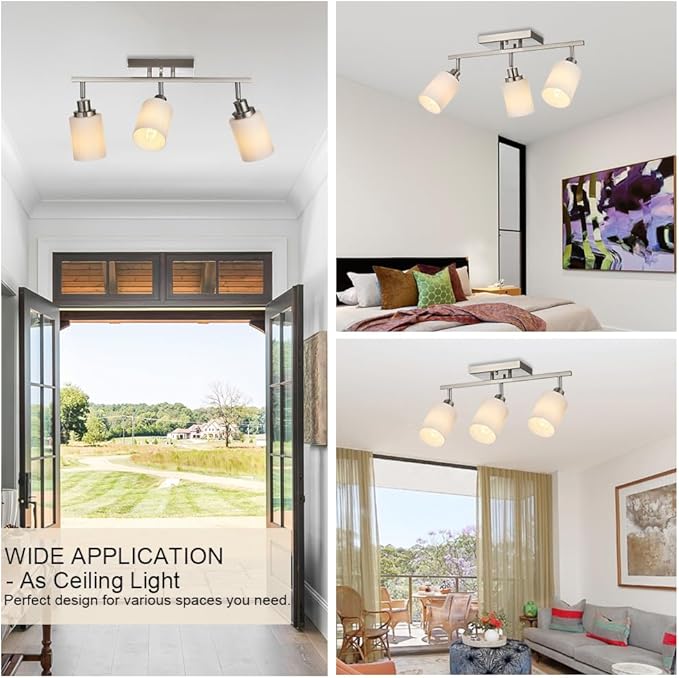 TODOLUZ Track Lighting Fixtures Ceiling, 3-Lights Brushed Nickel Wall Ceiling Spot Lighting with Opal White Glass, E26 Bulb Base