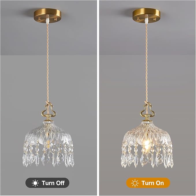 Brass Vintage Glass Pendant Light Crystal Hanging Light Fixtures,Adjustable Height Single Head Pendant Lights for Dining Room Living Room Bedroom Hallway(2-Pack)