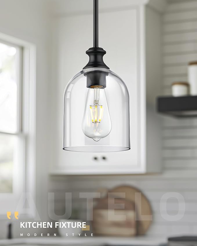 AUTELO Black Pendant Lights Kitchen Island, 1-Light Pendant Lights in Black Finish with Clear Cylinder Glass, Modern Pendant Light Fixtures, Hanging Lamp for Kitchen Island H2511 CLBK