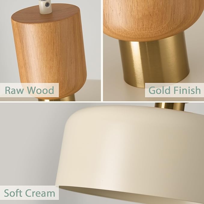 Modern Pendant Lighting,12 inch,Natural Wood and Brass Accent,Adjustable Pendant Light Fixtures for Kitchen Island,Dining Room,Soft Cream