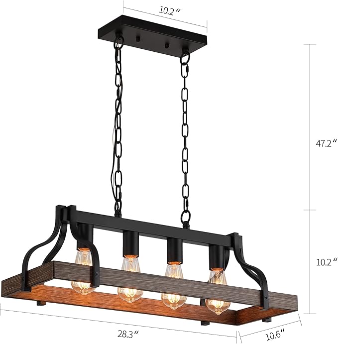 MEIXISUE Rustic Kitchen Island Dining Room Light Fixture Farmhouse Linear Chandelier Black and Retro Wood Finish 4-Light Industrial Metal Hanging Pendant Light UL Listed L28.3 W10.6