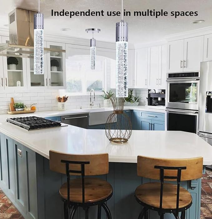 HAIXIANG Modern Kitchen Island Hanging Light Fixtures Crytstal Pendant Lighting for Kitchen Island Chrome Mini Chandelier with 6000K Daylight Bulb