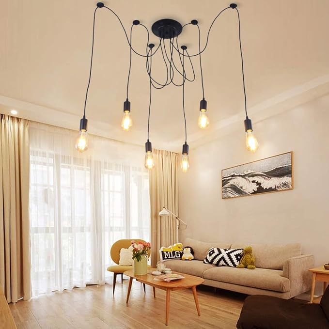 Finktonglan 6-Light Spider Pendant Chandelier, Adjustable 48.4" Cords, E26 Sockets, Black Industrial Multi-Light Ceiling Fixture for Kitchen Island, Dining Room