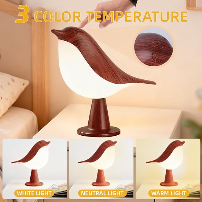 IFTHFOUR Bird Cordless Table Lamp, Small Cordless Bedside Lamp with 3 Color Temperature, Touch Sensor & Rechargeable Battery - Night Light for Kids, Bedroom, Bedside, Office, and Outdoor Use（Dark）