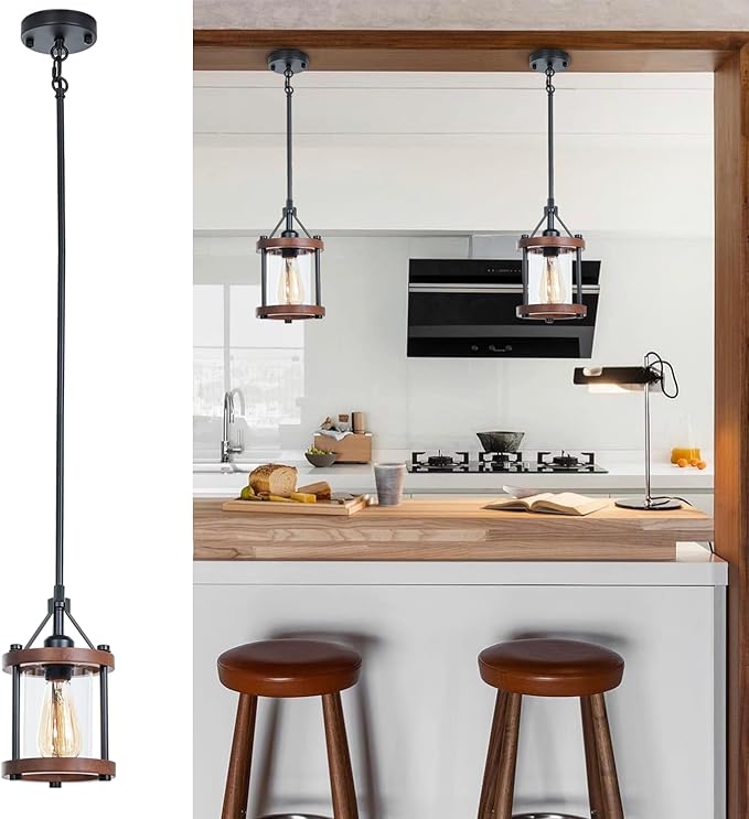 Farmhouse Pendant Light, Rustic Walnut Wood Metal Cage Hanging Light Fixtures with Glass, Adjustable for Flat and Slop Ceiling, Pendant Lighting for Kitchen Island Foyer Hallway,2-Pack