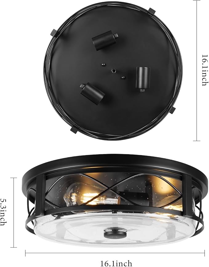 16 Inch Large Flush Mount Ceiling Light with Seeded Glass, 3-Light Black Round Ceiling Lamp, Modern Farmhouse Indoor Outdoor Ceiling Lighting for Kitchen Bedroom Living Dining Room
