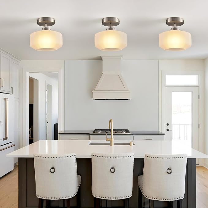 Industrial Nickel Matte Light Fixtures Ceiling Mount, with Frosted Glass Shades Semi Flush Mount Ceiling Light, for Hallway Fixtures Kitchen, Foyer