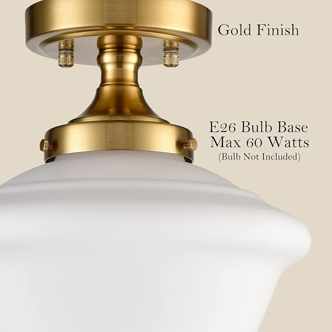 SAMTEEN Gold Semi Flush Mount Ceiling Light Modern Schoolhouse Ceiling Light Fixture Milk White Glass Flush Mount Light for Hallway Bedroom Kitchen Living Room, 10 Inches