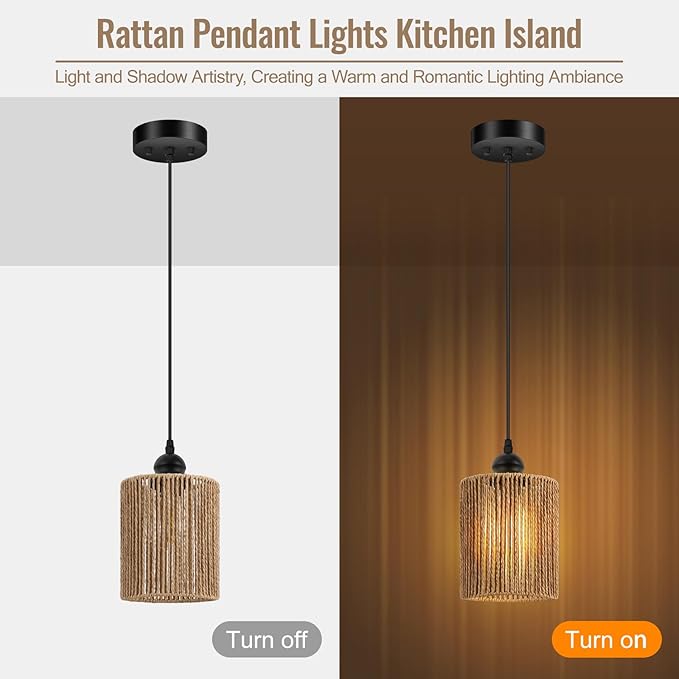 BoostArea Rattan Pendant Lights Kitchen Island, Farmhouse Chandelier with Handwoven Wicker Shade, Adjustable Height Boho Hanging Light for Kitchen Island/Dining Room/Bedroom/Hallway, 1 Pack, No Bulb