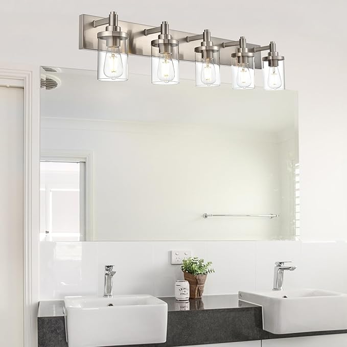 5 Lights Vanity Wall Light Fixtures Over Mirror, Modern Bathroom Light with Clear Glass Shade, Brushed Nickel Farmhouse Wall Sconce Lighting for Bathroom Mirror Kitchen Porch Living Room