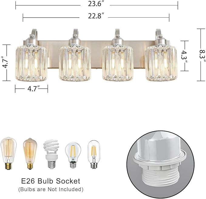 4 Lights Brushed Nickel Vanity Light Crystal Wall Light Bathroom Light Fixtures with Round Shade (Exclude Bulb)