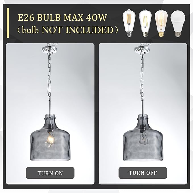 CATINER 16" Extra Large Farmhouse Pendant Light – Hand-Blown Smoked Gray Hammered Glass Shade, Polished Chrome Finish, Adjustable Chain Hanging Light Fixture for Kitchen Island, Dining Room, Hallway