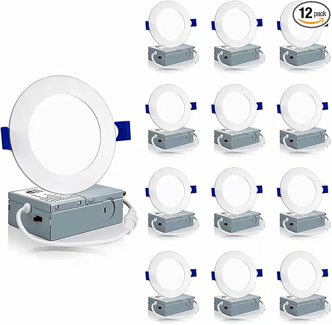 Meconard 12 Pack 4 Inch Ultra-Thin LED Recessed Ceiling Light with Junction Box, 3000K/4000K/5000K Selectable, 9W=75W 750LM High Brightness, Dimmable Canless Downlights, ETL and Energy Star Listed