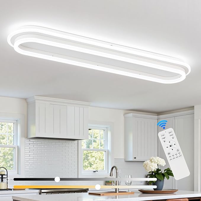 Modern Linear Ceiling Light, 31.5Inch Dimmable LED Flush Mount Ceiling Lamp with Remote Control, Long Kitchen Ceiling Light Fixture for Living Room Dining Room Bedroom Hallway (White)
