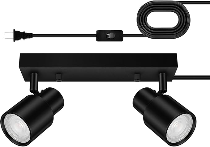 Plug in Track Lighting Fixtures Ceiling, Black Track Light LED, 2-Light Plug in Wall Lights with Cord, 2 Way Ceiling Spotlight, Rocker Switch, Rotatable Spotlight for Bedroom, Bulb Not Included