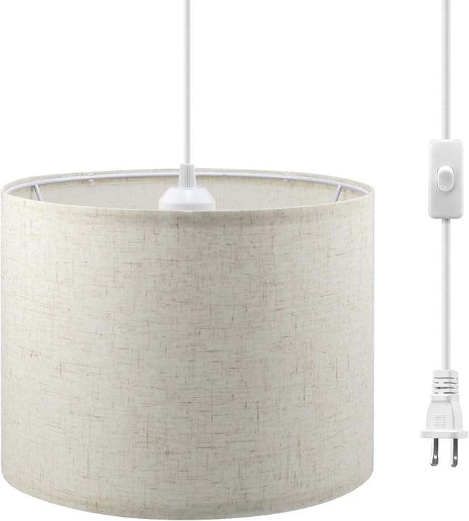 KUAUGST Plug in Pendant Light, 15 FT Hanging Lamp with Plug in Cord, On/Off Switch, Pendant Lighting with Fabric Shade, Hanging Light Fixture for Living Room, Bedroom, Dining Room, Kitchen (Beige)