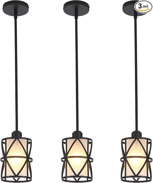 3 Pack Pendant Light Kitchen Island Pendant Light, Stem Rod Hanging Light with Spiral Cage Frosted Glass Shade, Black Modern Indoor Hanging Lamp
