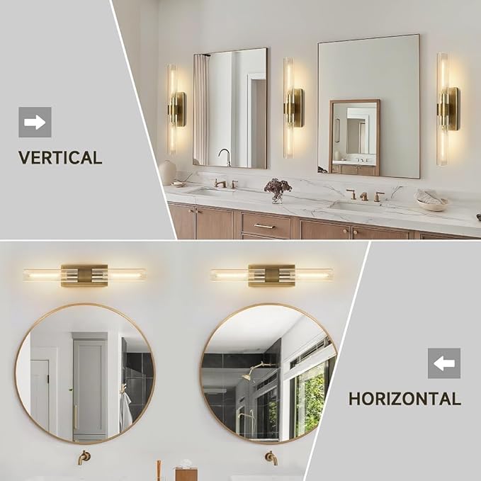 Wall Sconces Set of Two, 22.8" Gold Bathroom Sconces Wall Lighting with Clear Glass, Modern Sconces Wall Decor Brass Light Fixtures for Bathroom Mirror Living Room Hallway Bedroom