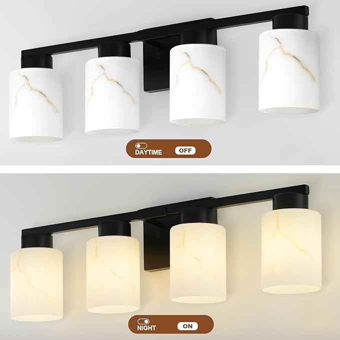 4-Light Bathroom Light Fixtures, Modern Vanity Lights, Black Metal Wall Lamp with White Marble Glass for Bathroom, Mirror, Living Room, Bedroom, Cabinet, Porch, Hallway, E26 Base