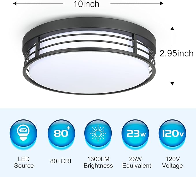 WISBEAM 10 Inch LED Ceiling Lighting Fixture, 23W Black Flush Mount Ceiling Light with 5CCT(2700K/3000K/3500K/4000K/5000K), Dimmable LED Light Ceiling Mount for Kitchen Bathroom Hallway, 2 Packs