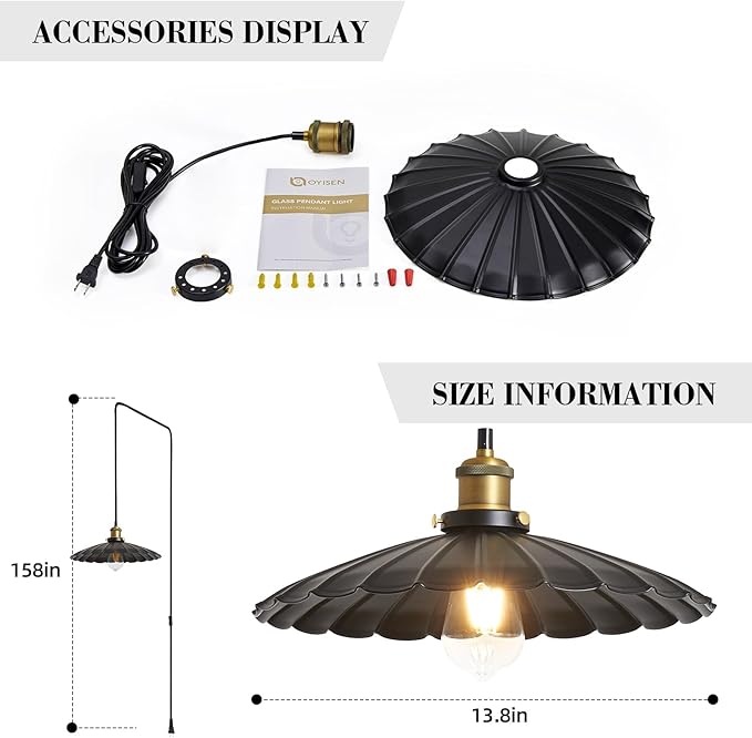 Hanging Plug in Light Rustic Black 13.8 Inch Lampshade with 14Ft Cord Bar Counter Hanging Light Fixture with Plug in Cord On/Off Switch Hanging Lamp Plug in