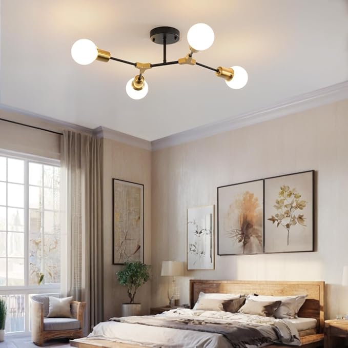Mid Century Gold and Black Semi Flush Mount Ceiling Light,Modern 4 Light Fixture for Kitchen Dining Room Bedroom Lighting,Foyer Entryway Hallway Sputnik Chandelier