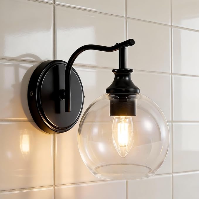 ANDY STAR 1-Light Bathroom Light Fixtures, Black Wall Sconces, Bathroom Vanity Light with Clear Glass Shade, Modern Wall Light Fixtures for Bath Mirror Hallway Bedroom Living Room, Hardwired, E26 Base