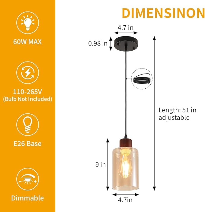 Modern Wood Pendant Lighting for Kitchen Island, Farmhouse Pendant Light Fixtures 1 Pack, Adjustable Hanging Ceiling Light with Amber Glass Shade