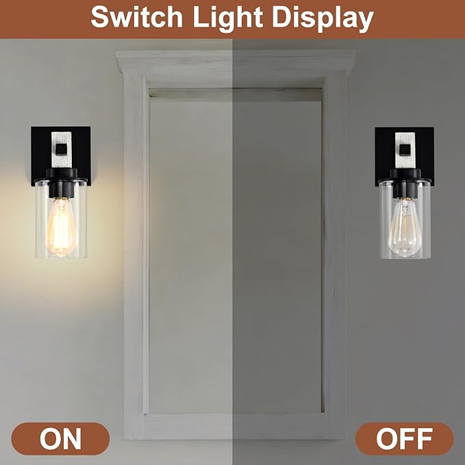 Rustic Wall Sconces Set of 2,Hardwired 1-Light White Wood Farmhouse Sconce with Clear Glass Cylinder Shade,Matte Black Metal Wall Light,E26 Indoor Bathroom Vanity Fixture for Mirror,Bedroom,Hallway