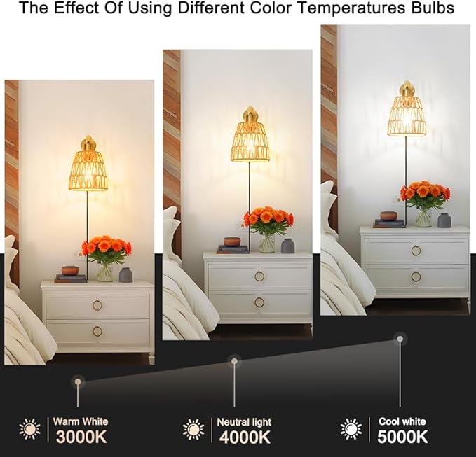 Boho Plug in Wall Sconce Set of 2, Gold Plug Sconces Set of 2, Rattan Sconce Light Fixture with 5.9FT On/Off Switch Cord, Farmhouse Wall Mounted Light for Bedroom Living Room Reading Hallway