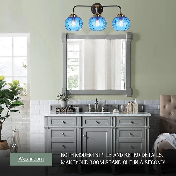 Vanity Lights for Bathroom,Mid Century Vanity Light Black Sconce Blue Bathroom Light Fixture Over Mirror Ribbed Glass Globe Shade Art Deco Vanity Lights Modern Wall Sconce 3-Lights