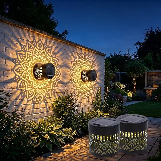 2 Pcs Solar Mandala Lights Outdoor: Metal Waterproof Solar Wall Lights with Decorative Projection Pattern - Solar Garden Lights for Fence Patio Deck Backyard Walkway Yard Decor