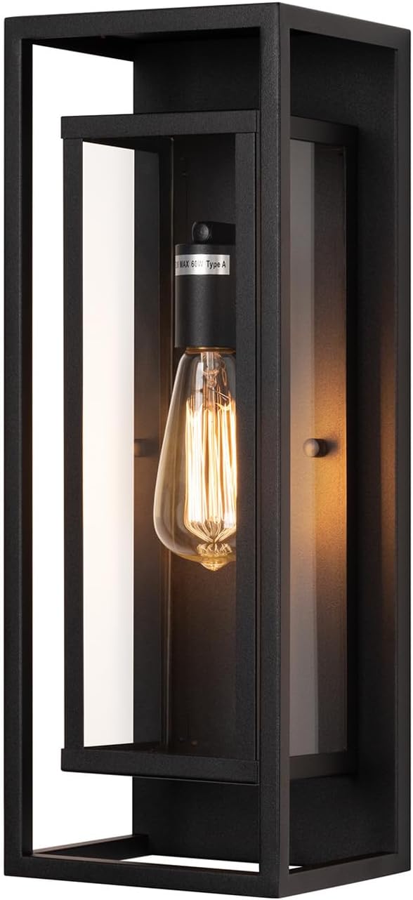 mirrea 18" Classic Outdoor Wall Sconce 1 Light in Matte Black Rectangular Metal Frame and Clear Glass Shade Waterproof Porch Light Patio Light