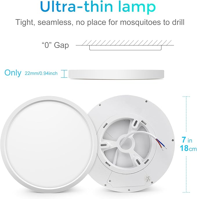 LightingWill 7 Inch LED Flush Mount Ceiling Light Fixture, 6000K Cool White, 1500LM, 12W, Flat Modern Round Lighting Fixture, 120W Equivalent White Ceiling Lamp for Kitchens, Bedrooms.etc.