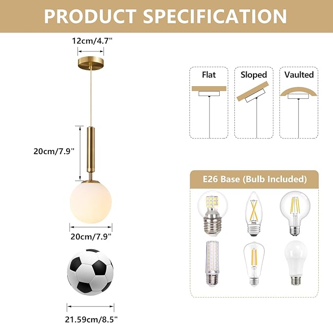 KCO Lighting Modern Globe Pendant Lights Kitchen Island Lighting White and Gold Pendant Light Single Pendant Lighting Frosted Glass Hanging Light Brass Vintage Ceiling Light Fixture