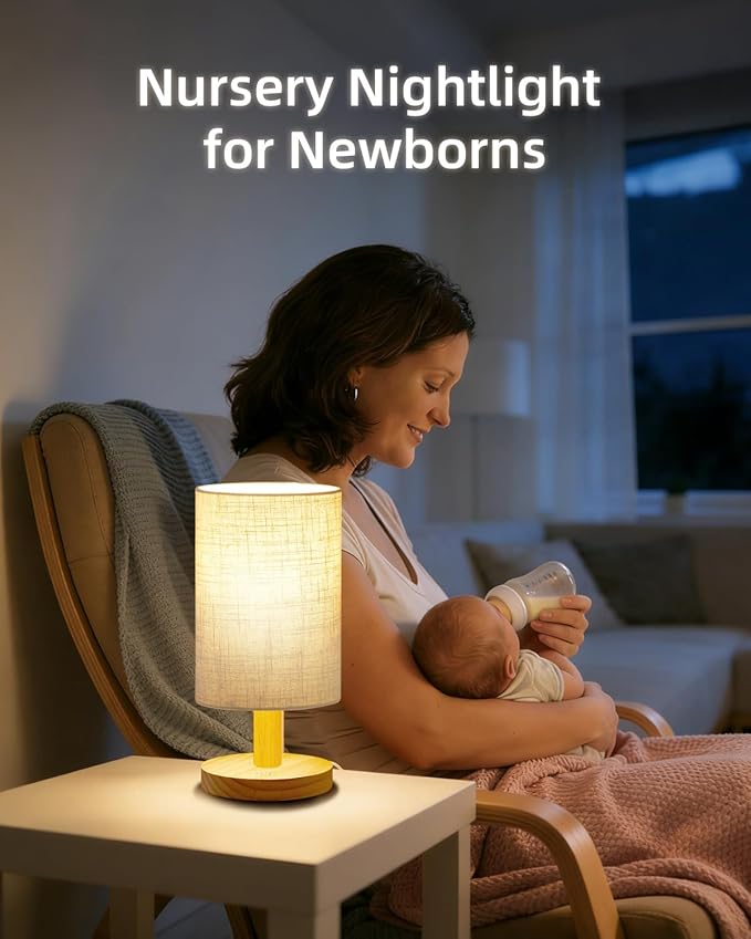Small Touch Table Lamp for Bedroom, Portable LED Desk Lamps, 3 Color Stepless Dimming Up, Wood Base Round Flaxen Fabric Shade for Kids Room, Living Room, College Dorm, Home, Office