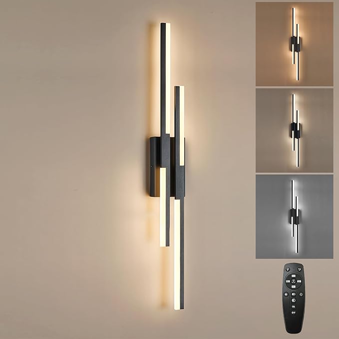 Benkut Modern LED Wall Sconce Black Remote Wall Light Fixtures for Bathroom, Dimmable Vanity Light Indoor LED Remote Wall Sconce for Living Dining Room Bedside Bedroom (3000-6500K 35.4inch)