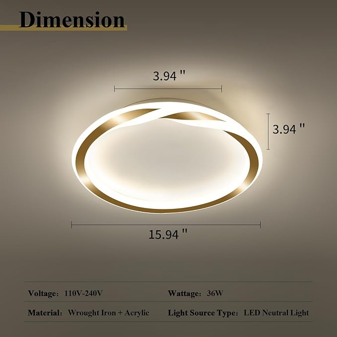 ASGYISA 16inch Modern LED Ceiling Light Gold Flush Mount Light Fixture Bright Ceiling Lamp for Closet Bathroom Hallway Bedroom Kitchen （Circle ） 4000K