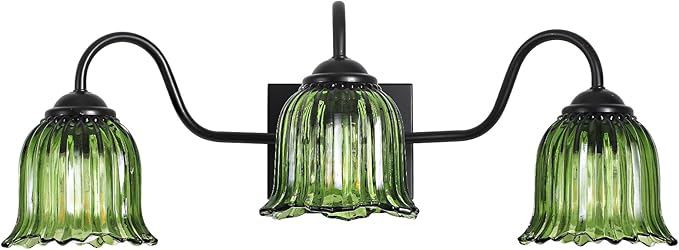 Vintage Bathroom Light Fixture, Black 3-Light Vanity Light Fixtures with Crystal Green Shades, Matte Vanity Lighting Fixture Modern Wall Sconces for Bedroom Dressing Room Living Room