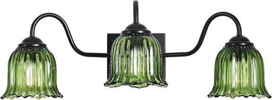 Vintage Bathroom Light Fixture, Black 3-Light Vanity Light Fixtures with Crystal Green Shades, Matte Vanity Lighting Fixture Modern Wall Sconces for Bedroom Dressing Room Living Room