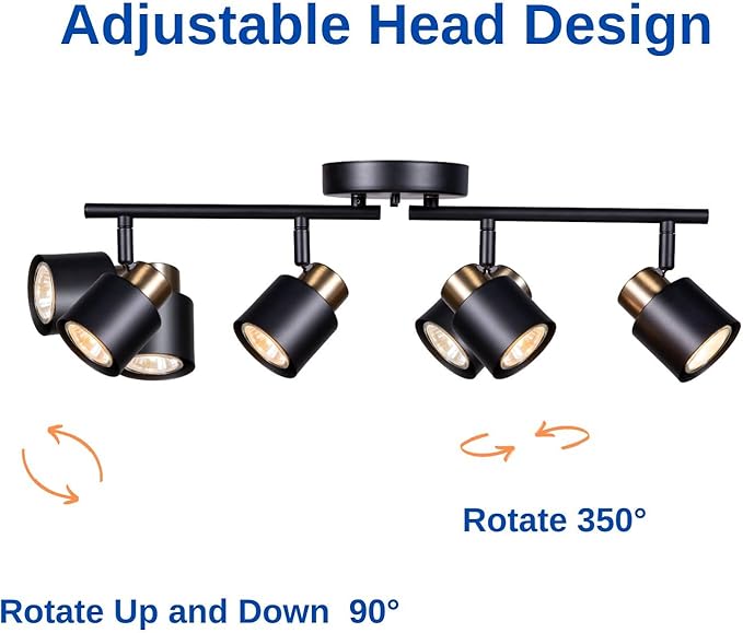 4 Light Track Lighting Kit, Matt Black Brass Finish Adjustable with Moden Flush Mount Ceiling Spotlight for Kitchen,Living Room,Home Improvement