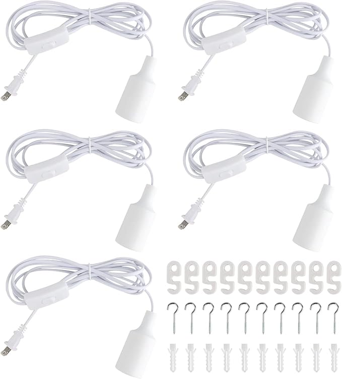 Plug in Hanging Light Kit, Retro Hanging Lights with Plug in Cord, E26 E27 Industrial Pendant Light Fixture, 9.8 FT Cord with On/Off Switch Hanging Lamp for Living Room Bedroom 5 Pack (White)