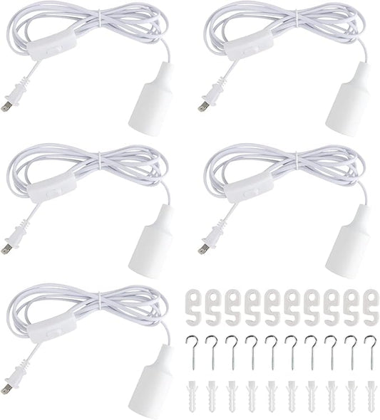 Plug in Hanging Light Kit, Retro Hanging Lights with Plug in Cord, E26 E27 Industrial Pendant Light Fixture, 9.8 FT Cord with On/Off Switch Hanging Lamp for Living Room Bedroom 5 Pack (White)