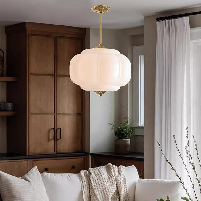 Opal Glass Pendant Light Vintage Schoolhouse Lighting Easy Change Bulb White Milk Glass Chandelier Traditional Gold Semi Flush Mount Ceiling Light for Bedroom Kitchen Dining Room