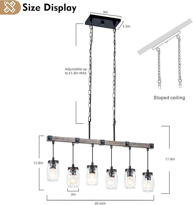 Farmhouse Kitchen Island Lighting, Mason Jar Chandelier, 6-Light Linear Rustic Chandelier, 30" Black Retro Imitative Wood Finish Pendant Light with Clear Glass Globes,Dining Room Bar Pool Table
