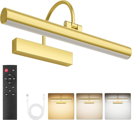 Bridika Picture Light for Wall with Remote, Rechargeable Battery Operated Picture Light, 3 Color Modes and Dimmable Classic Art Lights for Paintings, Gallery, Bedroom, Bathroom with Timer Gold 1